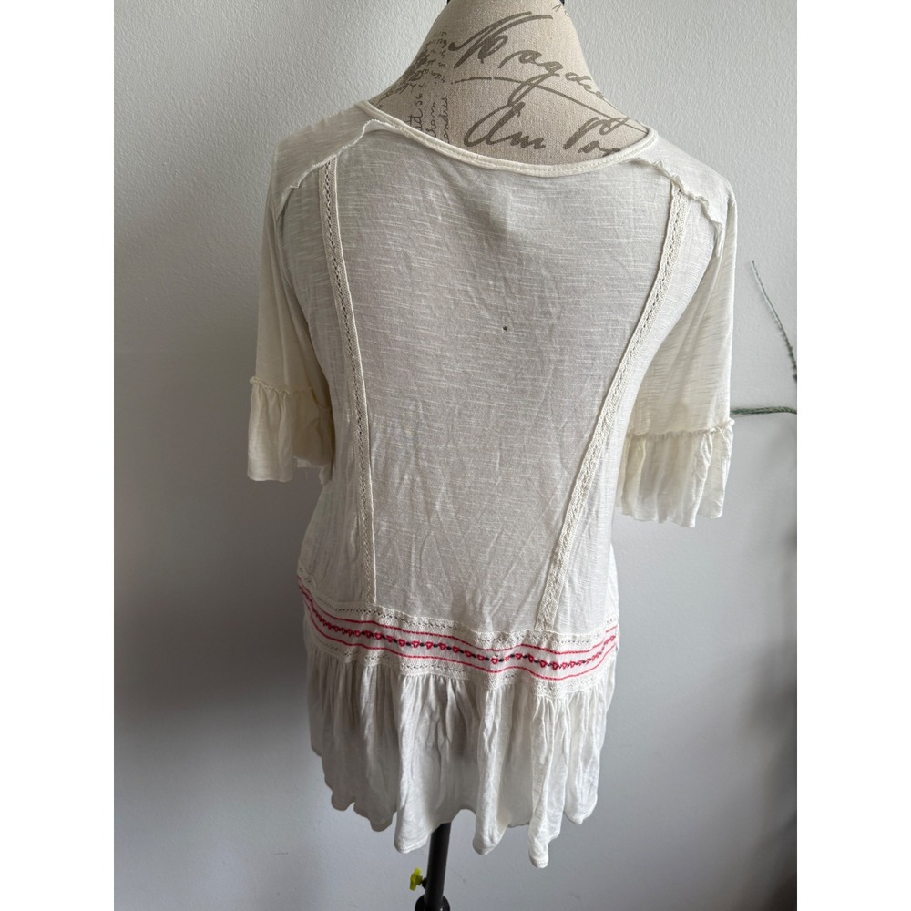Free People Cream Embroidered Lace Up Tunic Top Bell Sleeve Boho - Picture 4 of 9